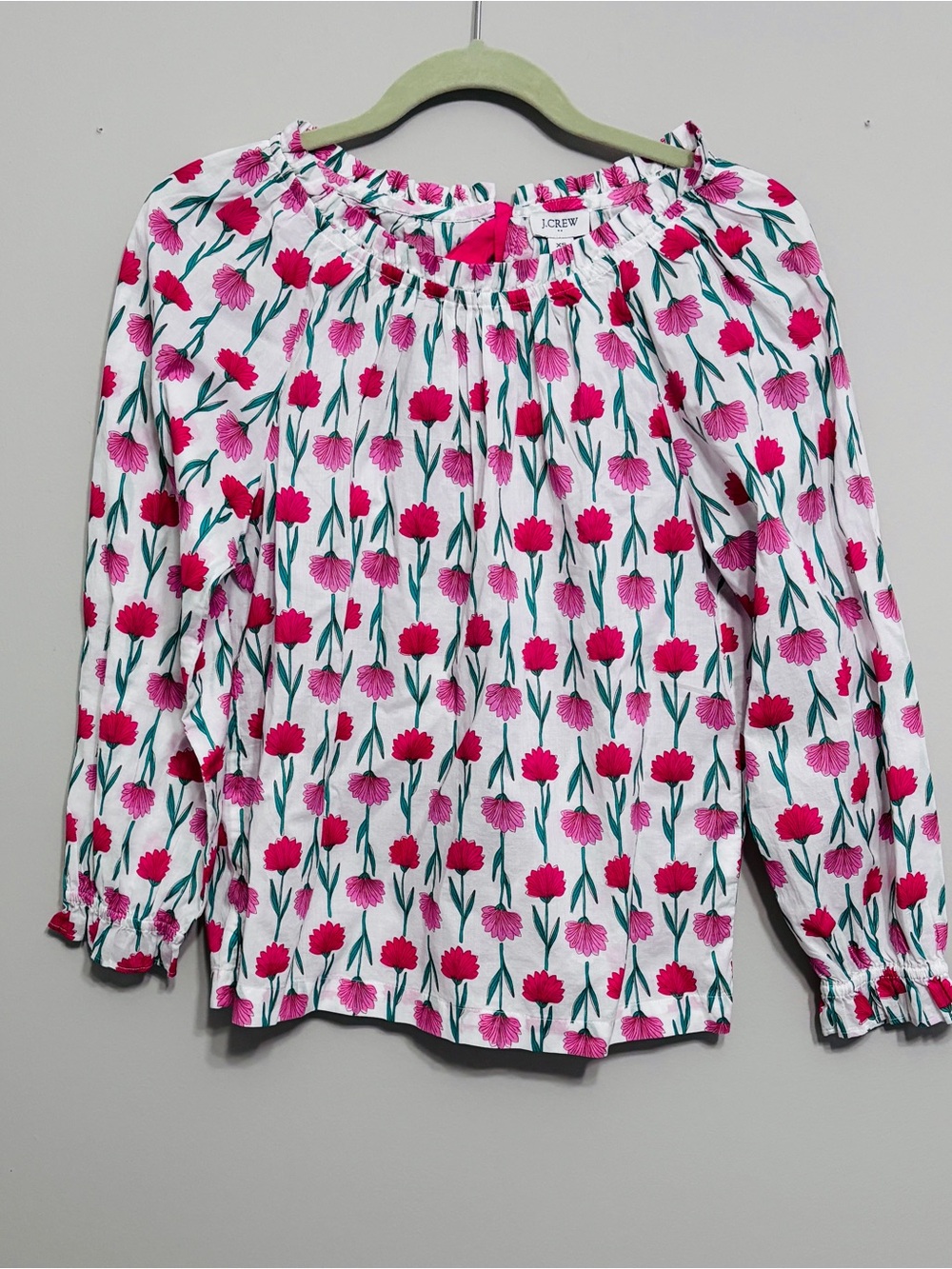 J.Crew Floral Ruffle Neck Blouse XS Pink Green Long Sleeve Back Tie Cotton NWT